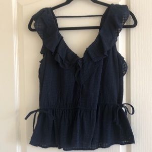 Blue blouse with ruffles and gathered waist